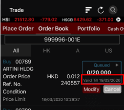 UTRADE HK mobile app Order Book showing GTD order expiry date