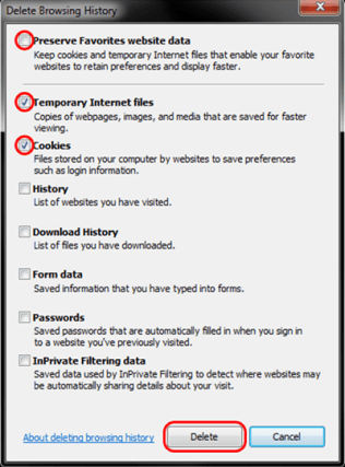 Delete browsing history options